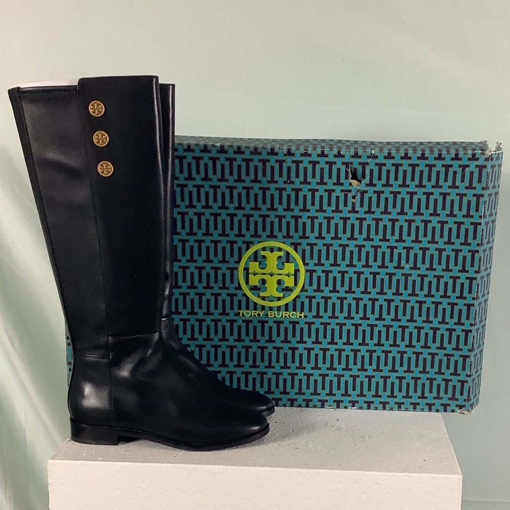 Tory Burch Rope Logo Tall Boot Perfect Black Satin Calf Leather 139168 Womens5.5